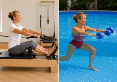 Side-by-side comparison showing the same middle-aged woman performing traditional Pilates on a reformer and Aqua Pilates in chest-deep water using foam dumbbells.