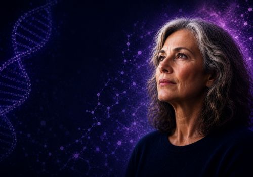 Biological aging research showing a thoughtful older woman with DNA and molecular graphics representing reproductive timing and epigenetic aging.
