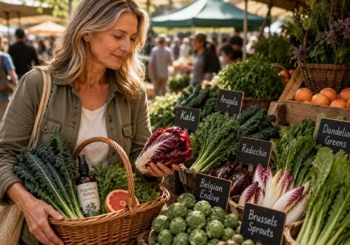 Woman choosing bitter foods including radicchio and kale at a farmers' market with a basket of fresh vegetables and digestive bitters.