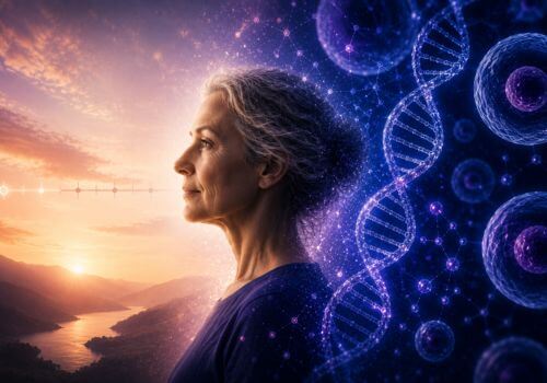 Conceptual illustration comparing chronological age and biological aging with a mature woman, DNA, and cellular imagery.