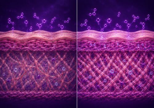 Scientific illustration comparing skin structure before and after collagen peptide supplementation, showing differences in collagen density and skin hydration.
