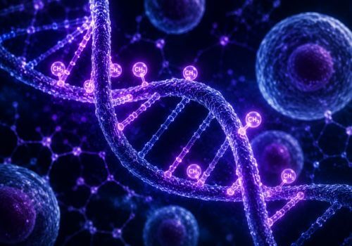 Illustration of DNA methylation markers attached to a DNA strand representing epigenetic changes used to estimate biological aging.
