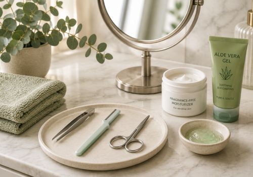 Common facial hair removal tools and soothing skincare products for women after menopause.