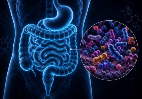 Medical illustration showing changes in the gut microbiome after menopause with a magnified view of beneficial gut bacteria
