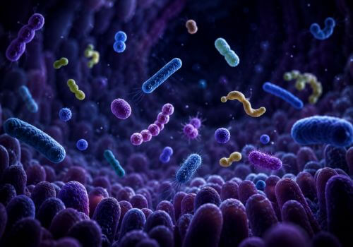 Scientific illustration showing diverse gut bacteria floating above the intestinal lining after menopause.