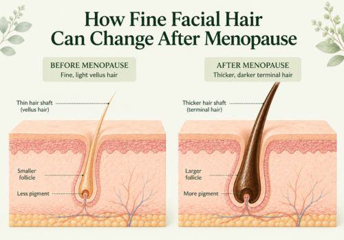 Illustration showing how fine vellus facial hair can become thicker terminal hair after menopause due to hormonal changes.-menopause