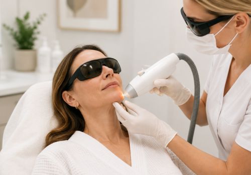 Woman receiving professional laser hair removal treatment on her chin after menopause.