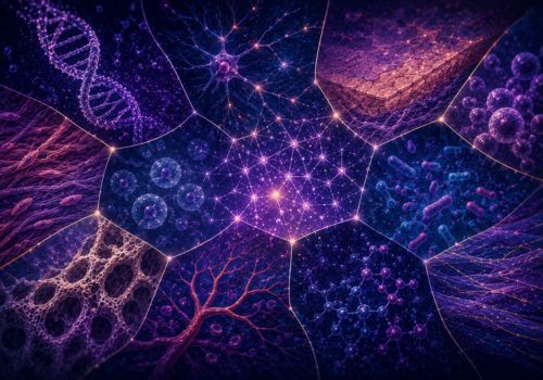 Abstract scientific illustration showing DNA, cells, skin, bone, microbiome, and neural networks connected in a mosaic representing biological aging.