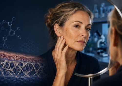 Woman examining sun-damaged skin in a mirror with scientific illustration of collagen and skin layers representing research into photoaging treatments.