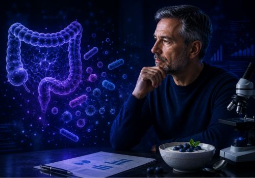 Can Eating Yogurt Help Lower Your Risk of Colorectal Cancer? Middle-aged man with yogurt alongside a glowing illustration of the gut microbiome and large intestine representing colorectal cancer research.