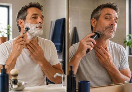 Two men over 40 shaving with a manual razor and an electric shaver in a bathroom.