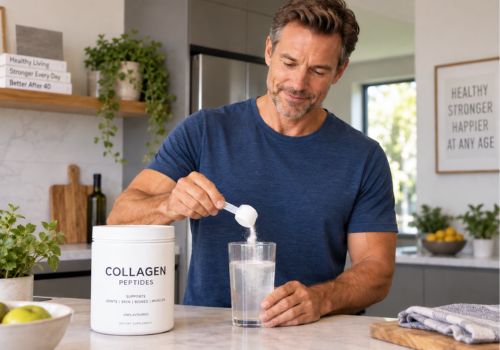 Man over 40 preparing a collagen peptide drink in his kitchen