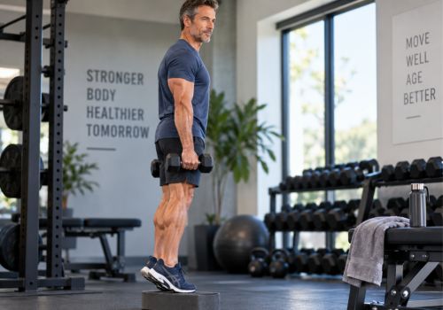 Man over 40 doing calf raises to strengthen the Achilles tendon