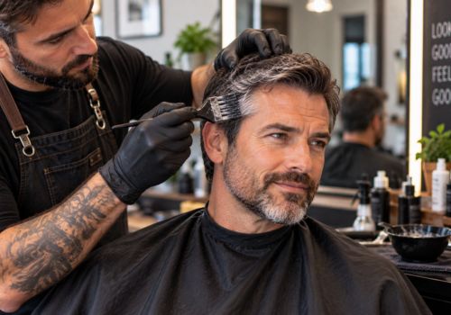 Barber applying gray-blending color to a man's salt-and-pepper hair