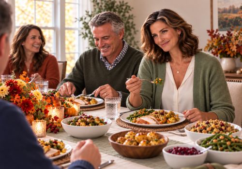 Woman enjoying a menopause-friendly Thanksgiving meal with family