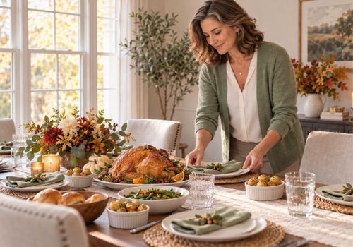 Woman setting a Thanksgiving table with roast turkey and ramekins of baby potatoes