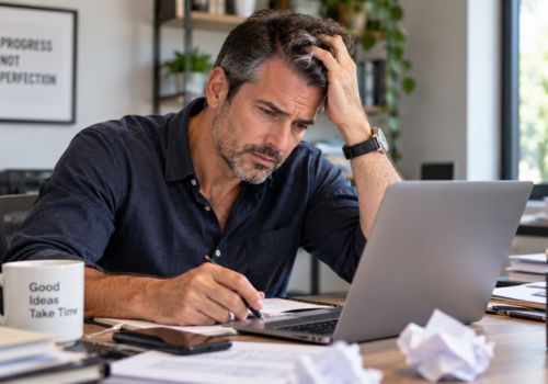 Stressed middle-aged man with gray hair working at his laptop