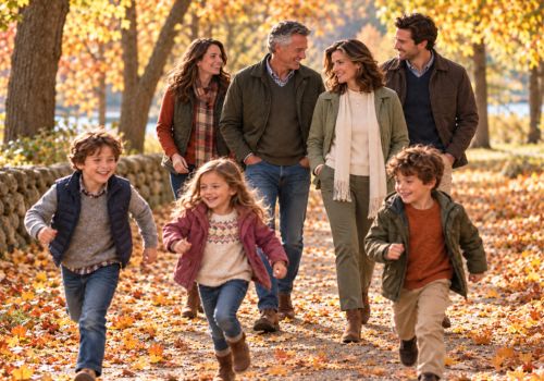 Multigenerational family enjoying an autumn walk after Thanksgiving