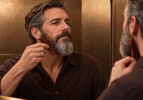 Man gently combing his medium-length salt-and-pepper beard while looking in a bathroom mirror.