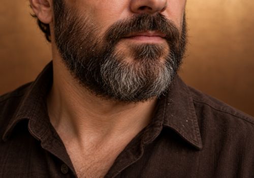 Close-up of a salt-and-pepper beard with visible white flakes in the hair and on a dark brown shirt.