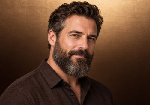 Man with a neatly shaped, medium-length salt-and-pepper beard against a metallic bronze-brown background.