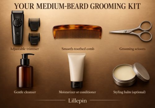 Medium-beard grooming kit with an adjustable trimmer, comb, scissors, cleanser, moisturizer or conditioner, and optional styling balm.