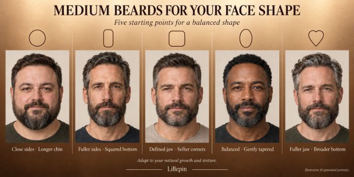 Five men showing medium beard styles suited to round, long, square, oval and heart-shaped faces, with face-shape icons above each portrait.