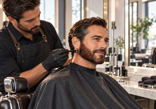 Barber applying brown dye to a middle-aged man’s short beard in a sleek, modern barber shop.