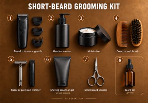 Short beard grooming kit with trimmer and guards, cleanser, moisturizer, comb, brush, razor, precision trimmer, shaving cream, beard scissors and optional beard oil.