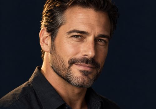 Man with a neatly groomed short beard and dark hair against a navy background.