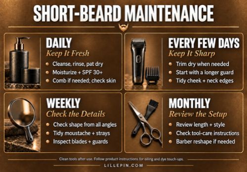 Short beard maintenance infographic showing daily cleansing and moisturizing, trimming every few days, weekly grooming checks and monthly style reviews.