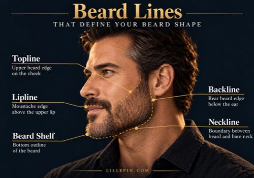 Man with a short beard showing labelled topline, lipline, backline, neckline and beard shelf with gold shaping guides.